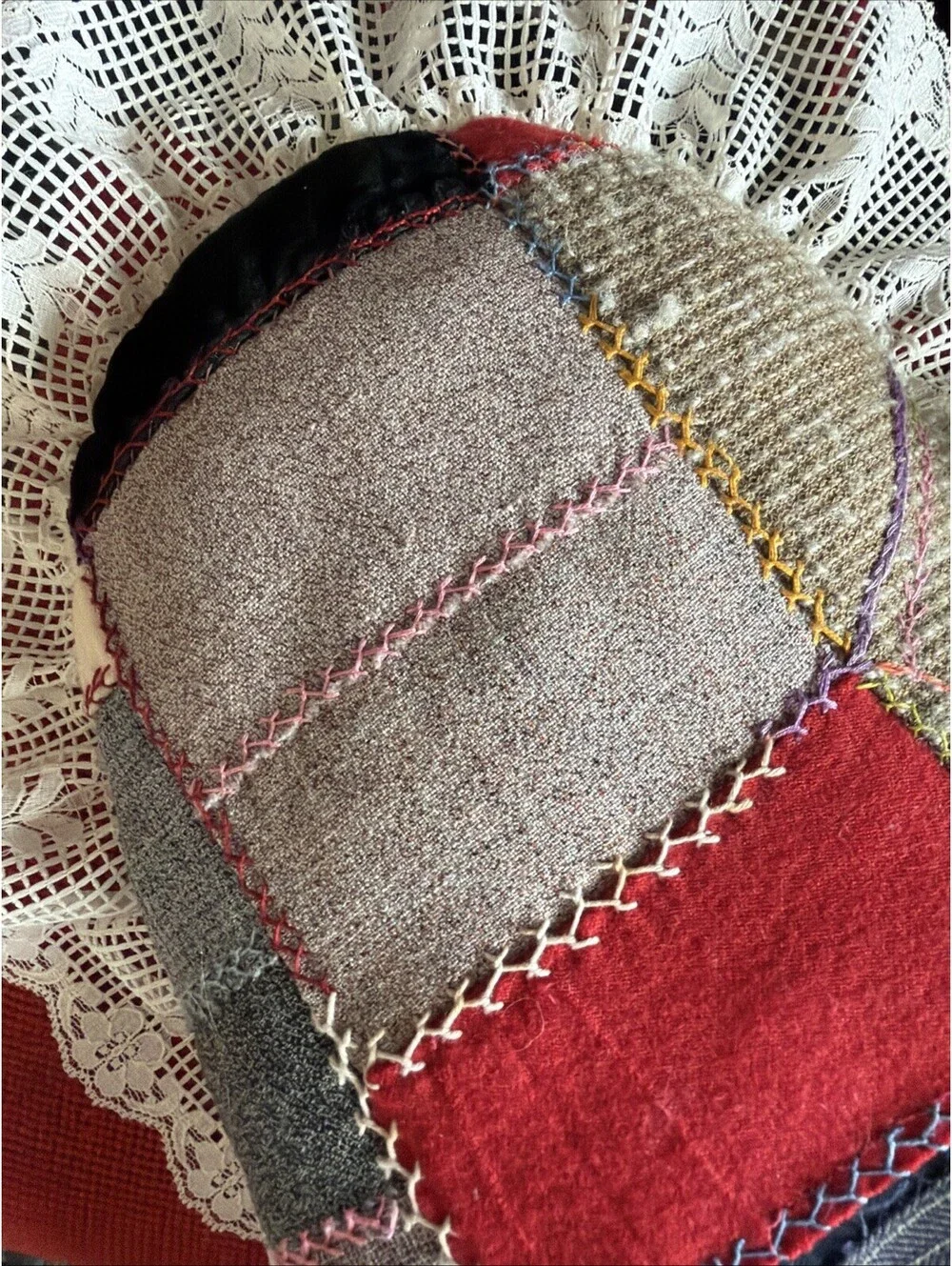 Antique 1800s Primitive Salvage Crazy Quilt Pillow Heart Wool Lace Farm Country